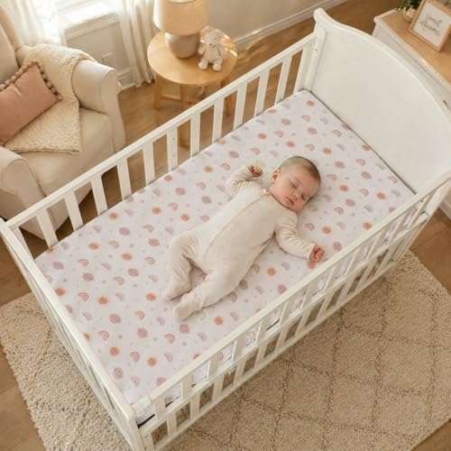Image of TADO MUSLIN Baby Crib Sheets 2 PCS, 100% Organic Cotton Crib Sheet for Standard Crib Mattress(52 inchx 28 inch), Fitted and Soft Breathable Muslin Crib Mattress Sheet for Girl and Boy (Rainbow, Pink)