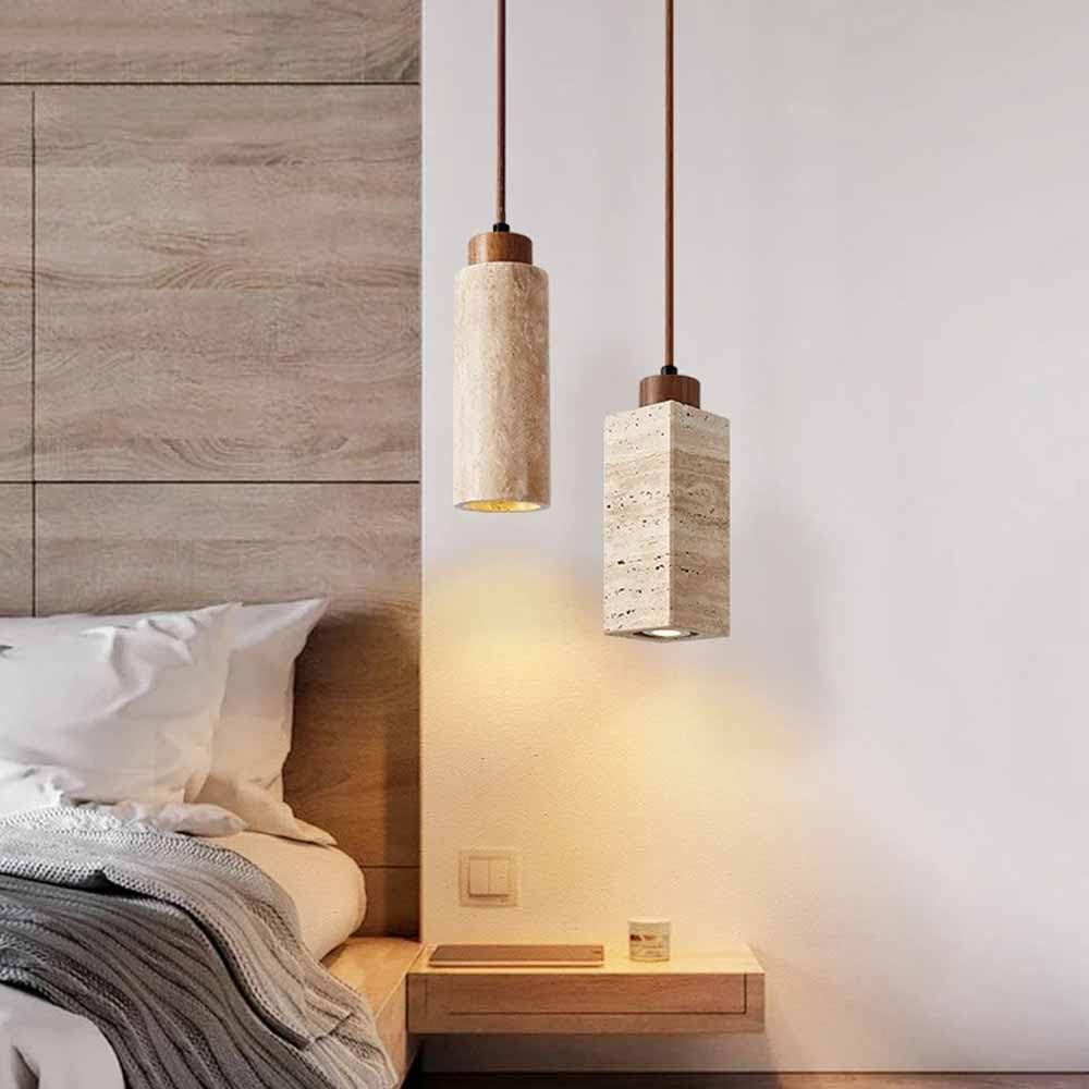 TRIVIDHA Lámpara Colgante Moderna De Tubo Largo con Piedra Lámpara Colgante De Piedra Cilíndrica Rústica para Isla De Cocina Lámpara Colgante De Altura Ajustable con Base De Madera para Comedor
