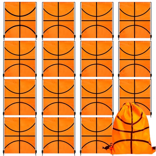 16 Pcs Basketball Drawstring Bags,Small Sports Workout Supplies,Basketball Shaped Snack Treat Backpacks(Orange)