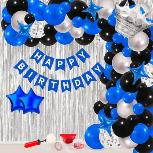 Image of Birthday Decoration Items 51 Pc, Happy Birthday Decoration kit, Balloons, Silver Curtain, Birthday Banner, Air Pump Glue & Tape, Party Decorations Kit