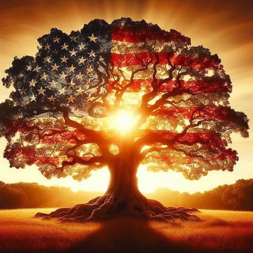 JXDXDJ 5D Diamond Painting Kits for Beginners Ancient Tree Full Drill Diamond Art Kits for Adults DIY American Flag Round Diamond Dots for Adults Crafts Gem Painting Home Wall Decor 13.78x13.78 Inch
