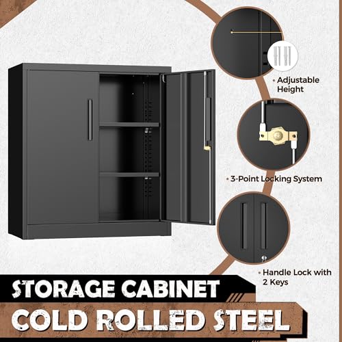 Image of INTERGREAT Steel Storage Cabinet with Lock, Lockable Metal Storage Cabinets with 2 Adjustable Shelves, Black Counter Height Garage Cabinet
