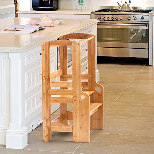 UNICOO- Bamboo Height Adjustable Kids Learning Stool, Kids Kitchen Step Stool, Toddlers Stool (Nature)