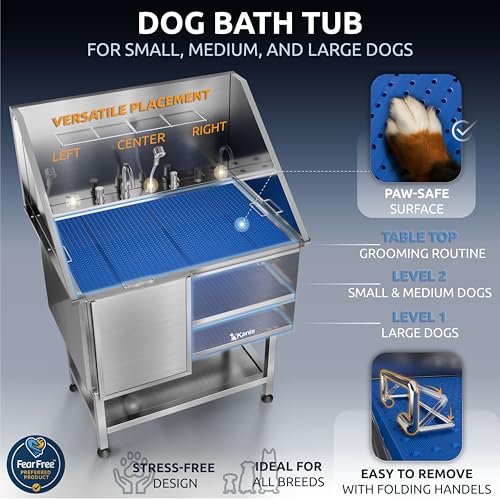 Image of KANIS Dog Washing Station, Stainless Steel Dog Bathtub 40 inch Left Ramp Shelf | 304 Stainless Steel, Grooming Tub, Anti-Slip Floor Grate, Drain Kit, 71 inch Pull-Out Sprayer, Shampoo Dispenser, All Dog Sizes