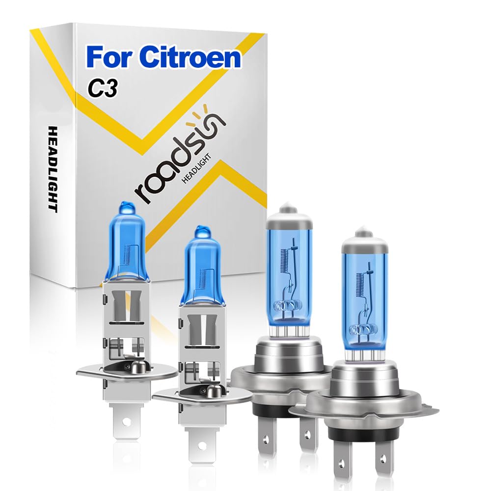 Lampadina Faro Auto, 20000LM, H1/H7 Luci Abbaglianti e Anabbaglianti, Lampadina alogena per auto, Lampadina alogena 6000K alta luminosità, For Citroen C3 2002-2016