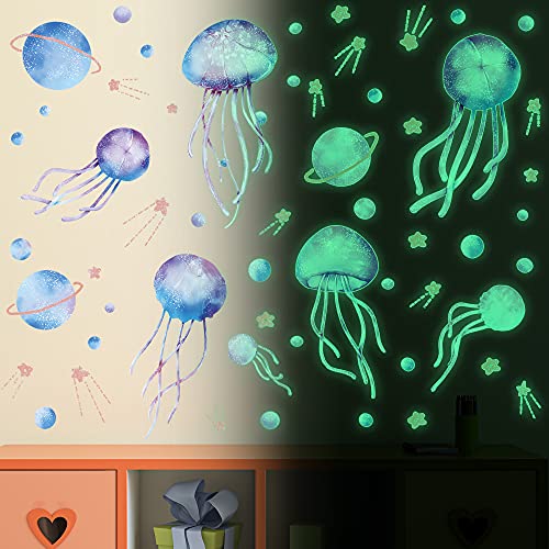 Starry Sky Jellyfish Wall Sticker Glow In The Dark Wall Stickers Stars Fluorescent Green Luminous Wall Decals Diy Peel Stick Art Decor For Walls Ceiling Kids Bedroom Living Room Nursery Girls And Boys(Green) #TOP1