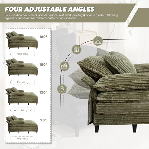 Image of Oversized Chaise Lounge Chair Indoor with 5-Position Adjustable Backrest, 54.8 inch Upholstered Corduroy Deep Seat Single Cloud Sofa Chair, Fluffy Modern Sleeper Couch Bed for Living Room, Green