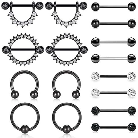 VF VFUN 8 Pairs Crystal Ball Nipple Tongue Tongue Shield Rings Black Stainless Steel Body Piercing Jewelry Retainer 14G Cover