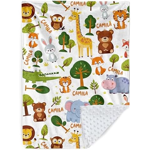 Personalized Baby Blanket, Custom Name Swaddle Blankets for Baby Newborn Toddler, Double Layered Cute Animals and Plant Cotton Blanket, Soft Baby Receiving Blanket, Gifts for Boys Girls Infant Kids Cover
