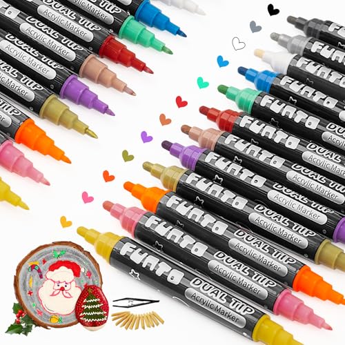 Image of Funto Dual Tip Acrylic Paint Markers, Paint Pens for Rock Painting, Wood, Canvas, Ceramic, Fabric, 12 Colors, Quick Drying, Non-Toxic, Arts and Crafts