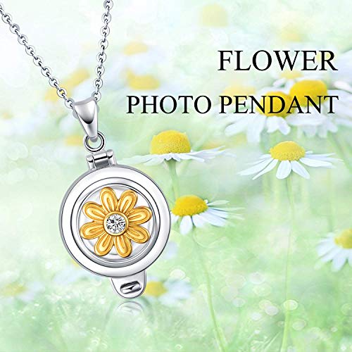 Aoboco Sunflower Daisy Flower Locket Necklace That Holds Pictures Sterling Silver Photo Pendant Necklace Two-Tone With Clear Crystal #TOP4