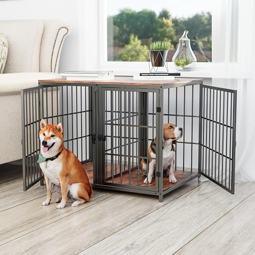 BingoPaw 2 in 1 Hundekäfig Schrank: Holz Indoor Hundebox im Möbelstil mit Abnehmbarer Trennwand und 4 Türen, Haustierkäfig für 2 kleine Hunde oder mittelgrosse Hunde L 90x62x68.5 cm Schwarz