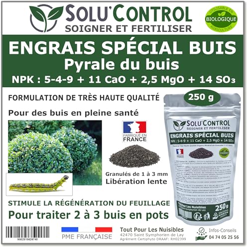 Engrais Spécial Buis 250 g - SoluControl - Formulation haute qualité Organo-Minerale - Idéal après attaque de la chenille de la Pyrale ou maladies du buis