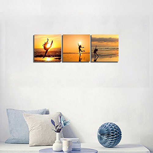Nan Wind 3 Pcs Canvas Print Girl Dancing In The Sunset On Beach Wall Art Dancing Water Painting Girl Dance Pictures Print On Canvas For Home Decor Decoration Gift #TOP5