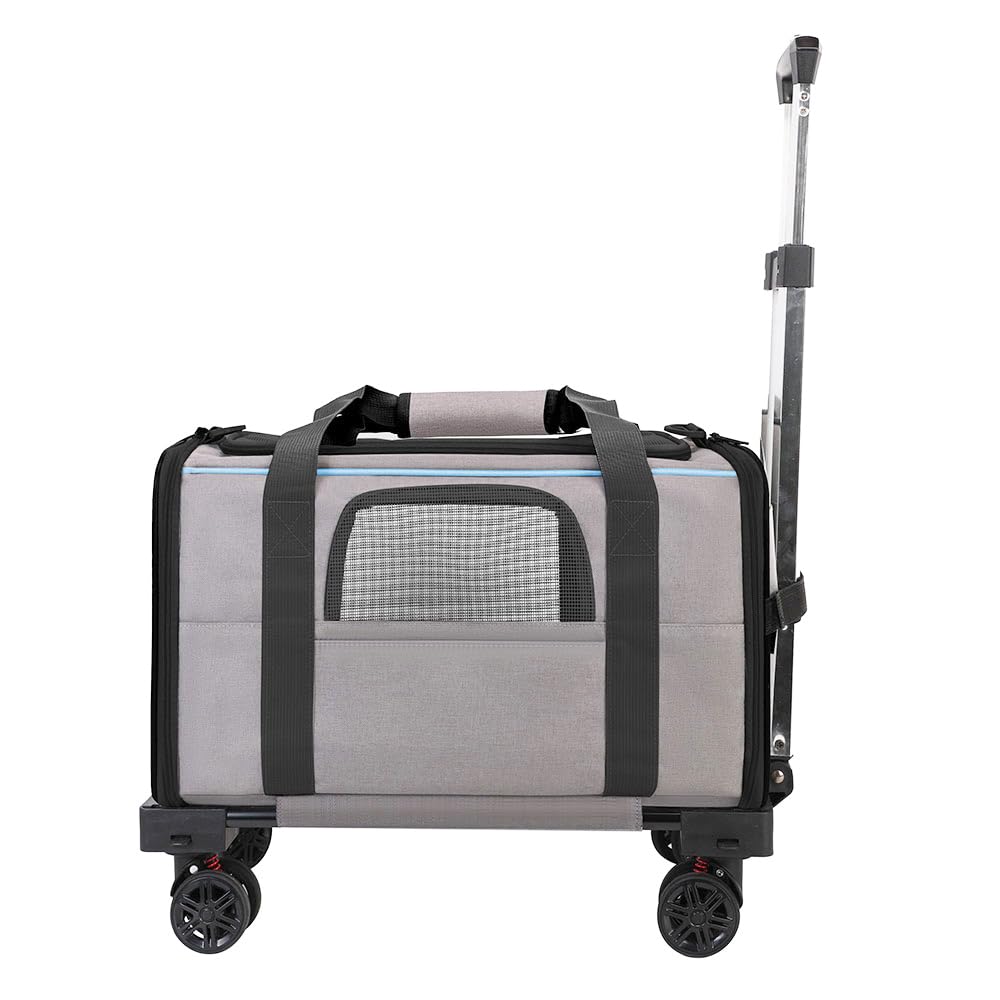 Bolso Transportador para Mascotas con Ruedas, Transportín Desmontable con Asa Telescópica y Correa para EI Hombro, Ideal para Perros y Gatos Pequeños, para Viajes (Gris con Bordes Azules)