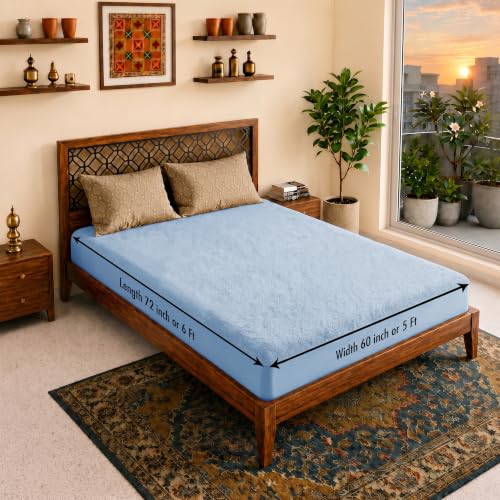 Image of Lithara Terry Cotton Fitted Mattress Protector for Queen /Double Bed | Waterproof & Elastic Band | Ultra Soft & Hypoallergenic Mattress Cover | Size : 60 x 72 Inches (5 x 6 Feet) | (Sky Blue)