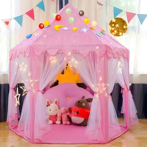 Construcción, Toy Castillo Casa de Princesa para Niñas Niños - con LED Luces Estrella,Tiara & Varita Accesorios Casas de Campaña para Portatil Playhouse Juguete Plegable Casa...