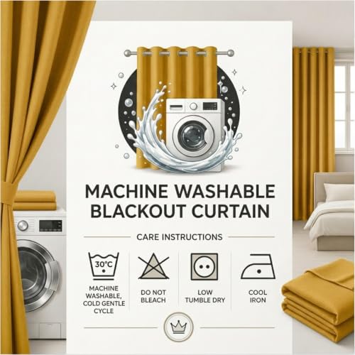 Image of 100% Blackout Window Curtains, 7 Feet, Solid Design, Faux Silk, Thermal Insulated, Noise Reducing Eyelet Door Curtain with Tie Back for Living Room & Bedroom, 115x210cm, Pack of 1 - Yellow