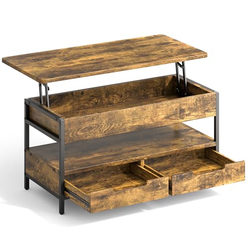 Bealife Table Basse Relevable, Multifonction Table de Salon avec Plateau Relevable, 2 Tiroirs,...