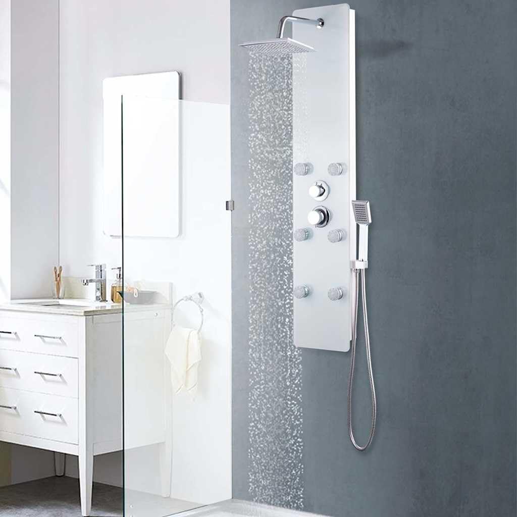 Pannello doccia bianco in vetro e acciaio inox con doccia a pioggia, doccetta e getti massaggianti, 25 x 44,6 x 130 cm