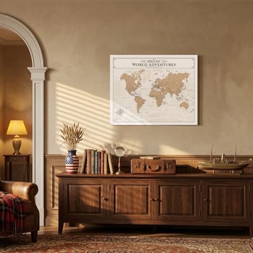 Image of IPIC - Vintage World Map Pin Board Canvas Wall Art, Travel Map with Pins Included, Ready to Hang for Home or Office, 30x24 Inch