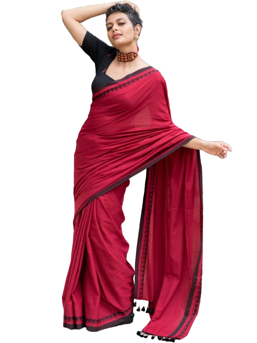 Womens Relax Fit Cotton Blend Love Border Handloom Saree With Unstitched Blouse pices By SAPTAK FASHION 5.5M SAREE & 0.8M(COTTON BLOUSE PICES).-picture-41