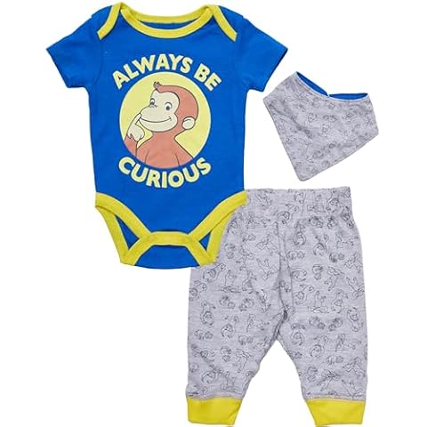 Curious George Baby Boys' Bodysuit Pants and Bandana Accessory 3 Piece Set (Blue/Yellow, 3-6 Months) Cover