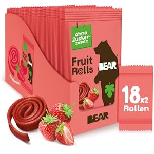 BEAR Fruchtrollen Erdbeere | 100% Natürliche Inhaltsstoffe | Ohne Zusatz von Zucker | Gesunder Snack für Kinder & Erwachsene | 18 Beutel x 20g | 360g