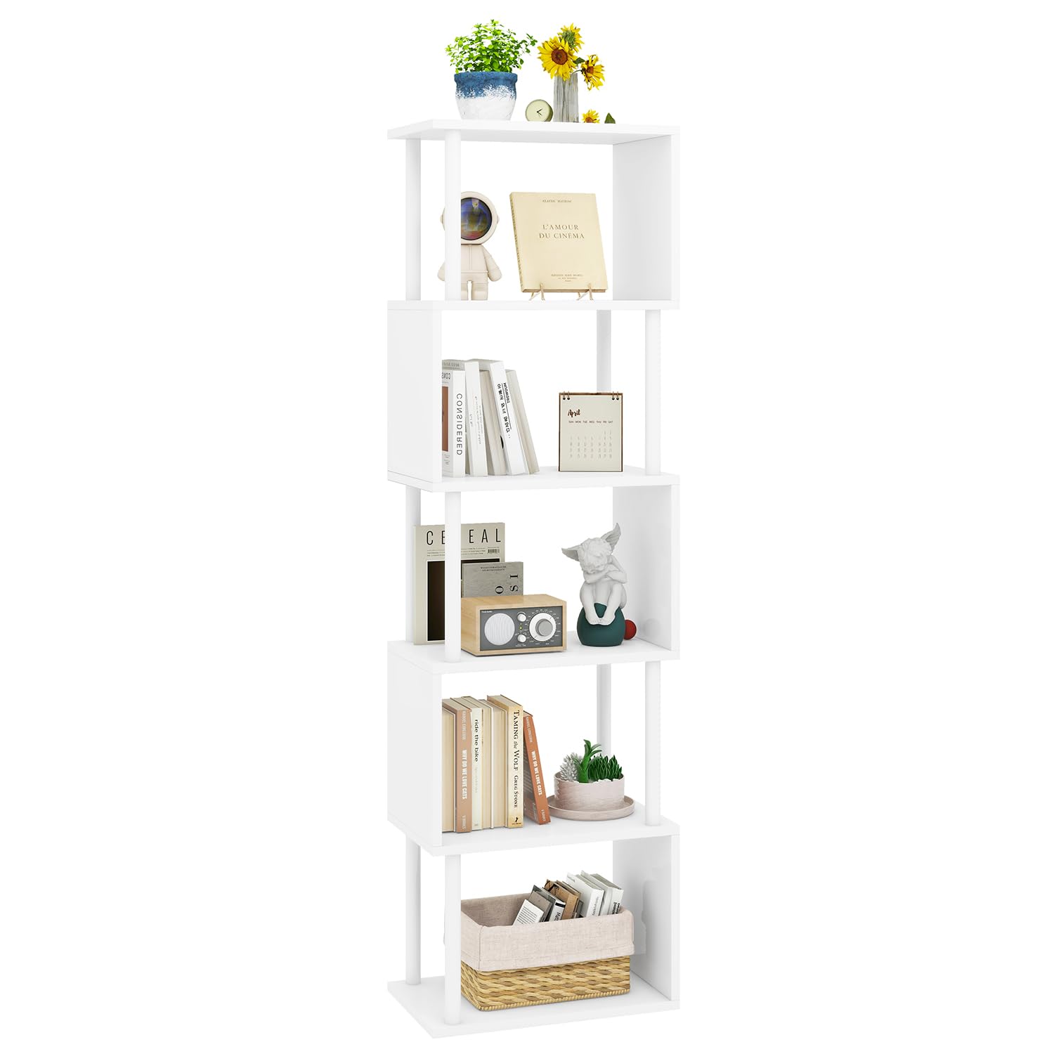 IBUYKE 6-Tier Tall Bookshelf,S-Shaped Geometric Bookcase, Wood Display Shelves with Storage,Modern Bookshelf for Living Room Bedroom, Home Office,