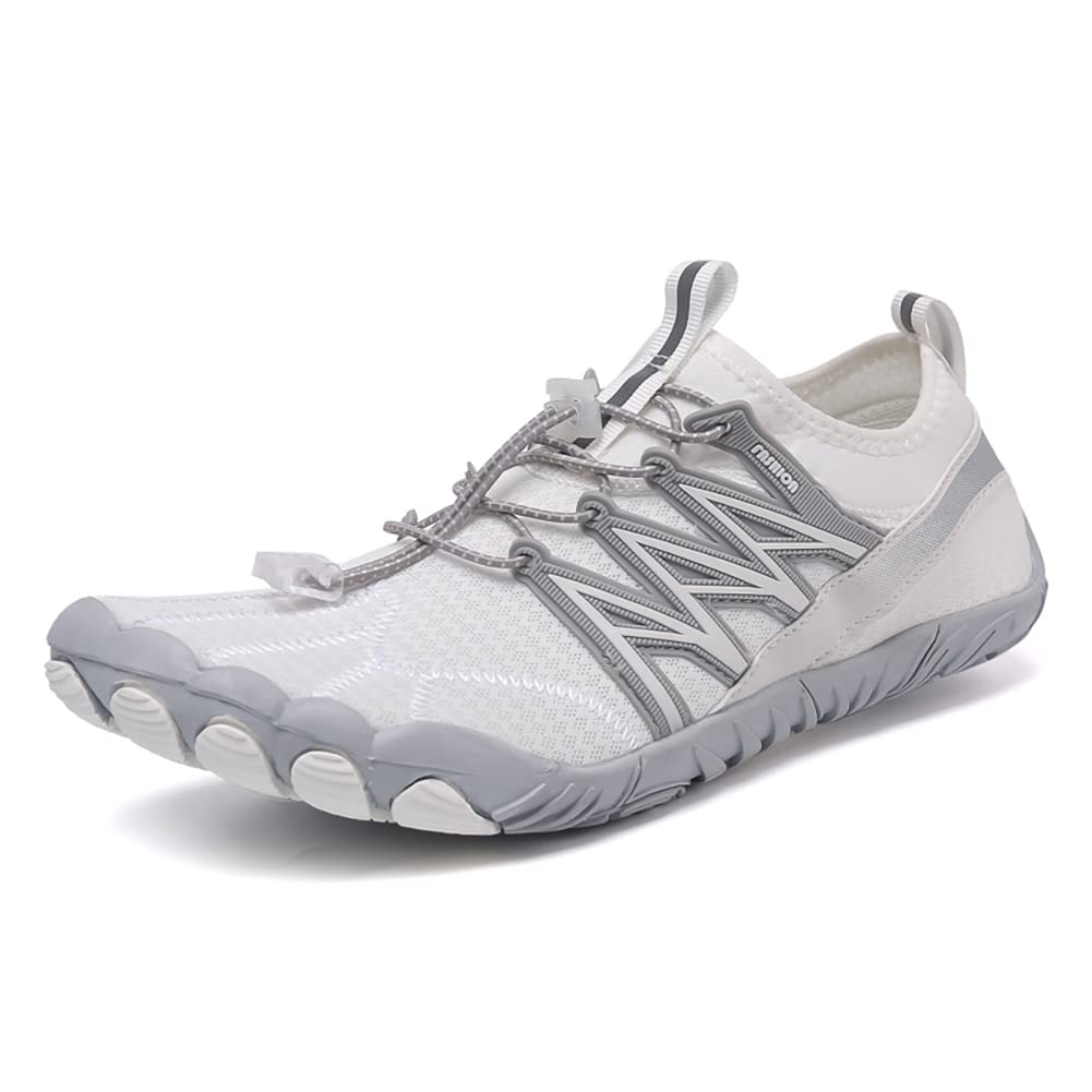 RUYI Unisex Barfußschuhe Damen Herren Traillaufschuhe, Weich Leicht Fitnessschuhe mit rutschfest Sohle & Breiter Zehenbox, Schnell Trocknend Badeschuhe, A021 Weiß, 41 EU