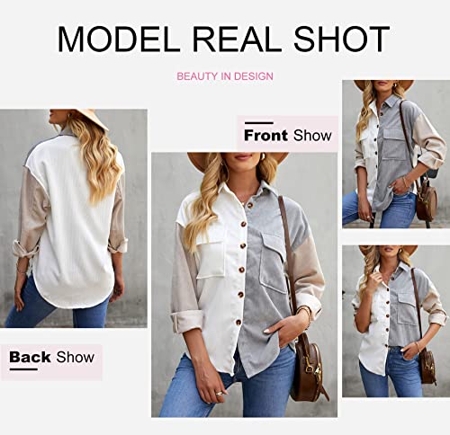 Dokotoo Womens 2023 Fashion Oversized Color Bock Long Sleeve Button Up Pockets Shirts Ladies Loose Fit Corduroy Shacket Tunic Blouse Tops White M #TOP2