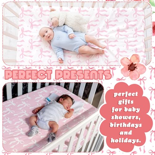 Image of Peryiter 2 Pack Pink Bow Crib Sheets for Girls Boys Coquette Bed Sheet Set Fitted 52'' x 28 inch for Standard Crib Mattress Stretchable Soft Toddler Aesthetic Nursery Decor
