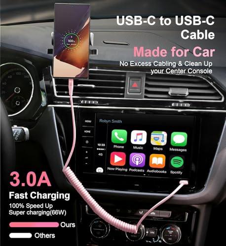 Image of USB C to C Cable 6FT, 2Pack Coiled USB C Fast Charging Cable for Car, CarPlay iPhone USB-C Cable /Android Auto USB C Cord, USB Type C Cable for iPhone 17 /16 /15 /Pro Max /Samsung Galaxy S23 and More-Pink