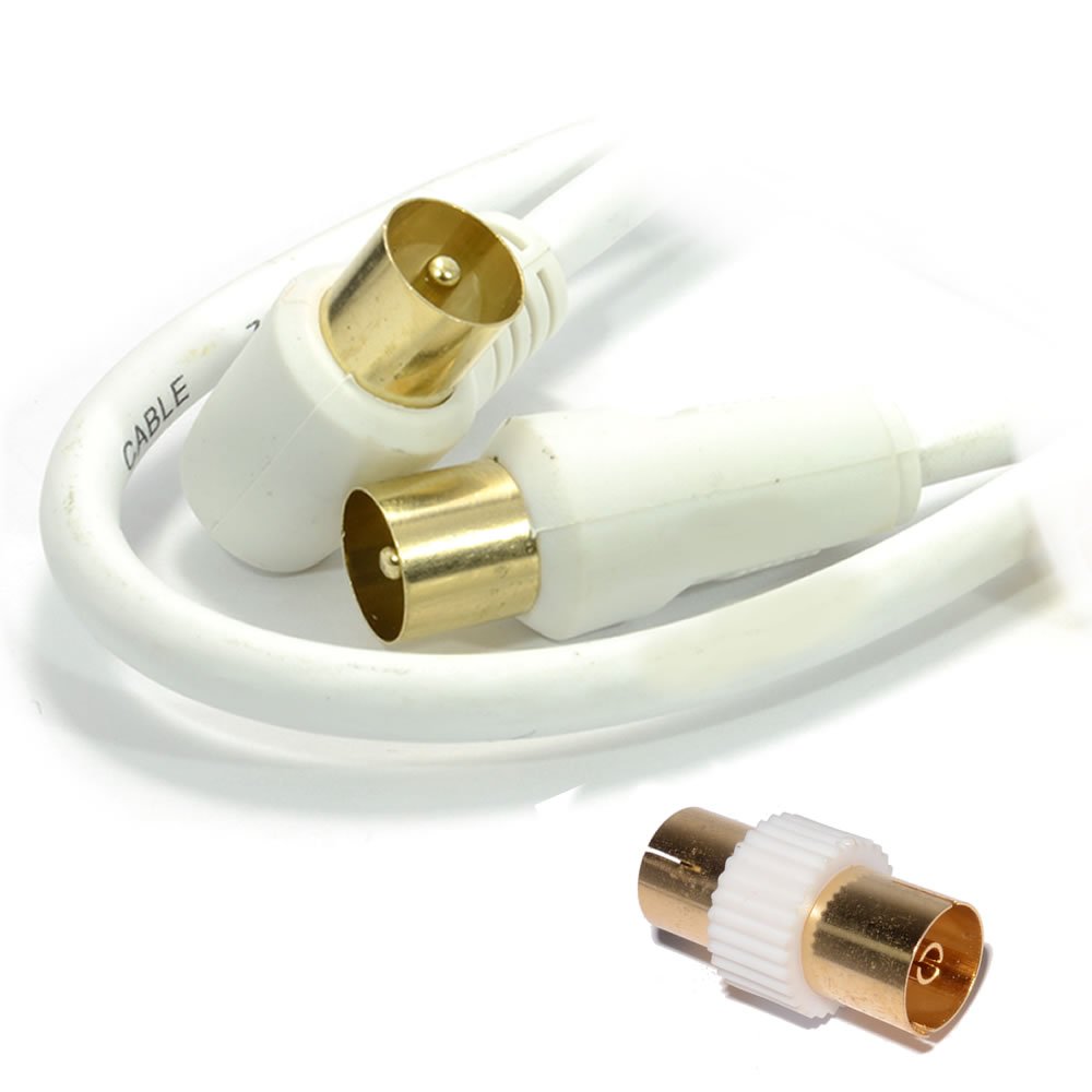 kenable RF Right Angle TV Aerial Freeview Plug Video Cable & Coupler GOLD 5m White [5 metres]