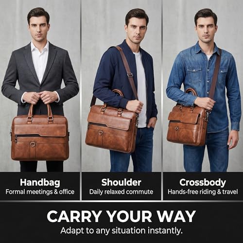Image of Men's Leather Laptop Bag 15 IN, Water-Resistant Briefcase Messenger Bag for Work, Business, Shoulder Crossbody Office Satchel