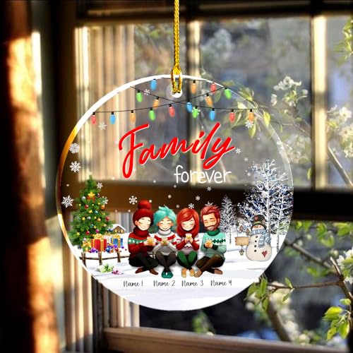 Forever Quote Clear Plastic Ornaments, Christmas Decorations Personalized Name Mom Dad Two Girls with Sweater and Chocolate Cup on Flat Acrylic Ornaments, Gifts for Family Mom Dad Daughter4