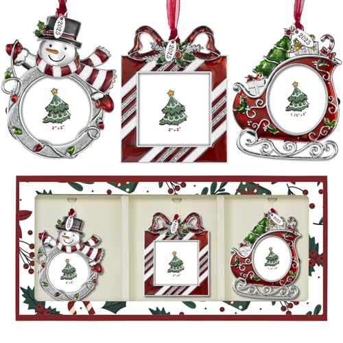 Mulumu 2025 Christmas Tree Ornaments 3 Piece Picture Frame Hanging Ornament Decorative Holiday Keepsake Gift Sleigh Snowman Pendant with 2” Photo Insert for Picture of Pets,Family (Christmas Set)