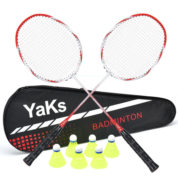 YAKS 2PCS Badminton Racket - Professional Carbon Fiber Badminton Racketswith?Lightweight Badminton Rackets with Set 12 Nylon Shuttlecocks for Outdoor, Backyards, Gym, Pack of 2 (Red-White)
