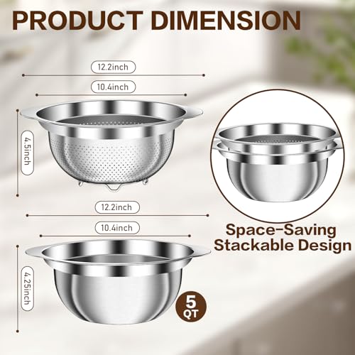 Image of Colander, Strainer Bowl, Stainless Steel Colander, Rice Washing Bowl, Pasta Strainer & Vegetable Washer, Kitchen Strainer with Mixing Bowl for Draining, Food Prep, Dishwasher Safe, 5QT