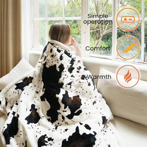 Cow Print Heated Throw Blanket Electric Blanket-Heating Blanket Throw with 5 Heat Levels & 4 Hours Auto-Off, Cozy Soft Fleece Sherpa, Washable, 50 x 60 Inches Cow Print White - Image 5