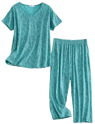 CHUNG Women Cotton Pajama Sets Sleepwear pjs Short Sleeve Shirt Capri Length Crop Pants Cute Vivid Print