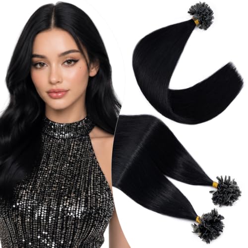 Elailite Extensiones Pelo Natural Queratina U Tip sin Clip 100 Mechas 50g Cabello Humano 55cm #01 Negro Oscuro