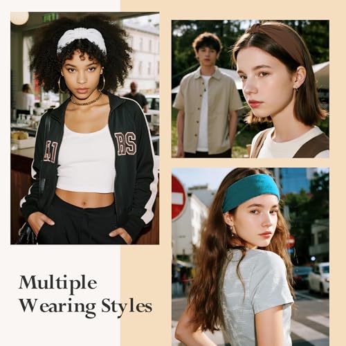 Image of HSEM Headbands for Women, Wide Elastic Head Bands, Non-Slip Thick Hair Bands, Sports Stretchy Sweat Bands, Large Knotted Soft Headband, Gray Burgundy Green Black Coffee Navy
