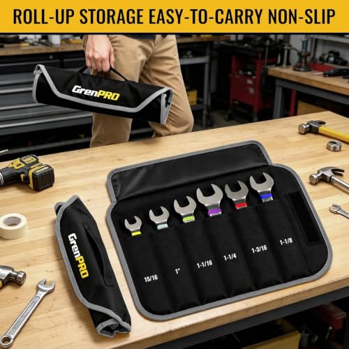 Image of GRENPRO 15 /16 inch-1-1 /4 inch Large SAE Wrench Set, Combination Open End Tool Sets | Long Wrench Tool Set, 15-Degree Offset, 12-Point Box-End & Roll-Up Pouch With Gauge, Nickel Plated CR-V, Convenient Storage