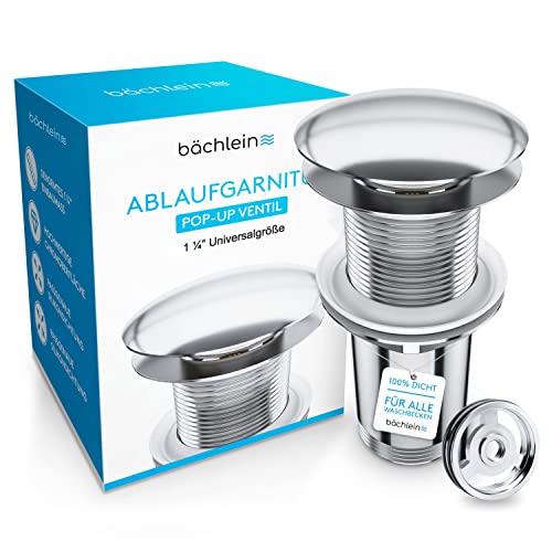 Bächlein Bonde Universelle sans Trop-Plein pour Lavabo et Évier – Valve Pop-up Chromée – 3 Joints pour Lavabos de Tous Genres Inclus, Valve d’Écoulement Bonde - Montage avec Mode d’Emploi