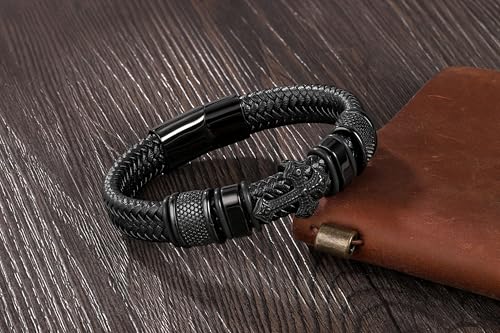 Pulsera negra de cuero trenzado con cruz de acero inoxidable 8.5 pulg. miniatura 3