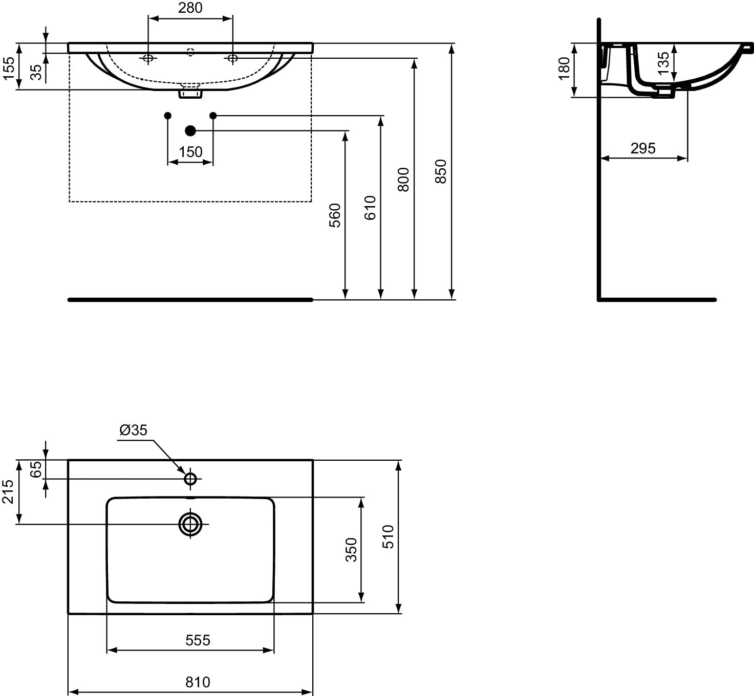 Ideal Standard I.LIFE B Lavabo Plan, Vasque à poser, 80 x 51 x 18 cm, Salle de Bain, Toilette, Céramique, Blanc, Percé 1Trou de Trop-Plein, T460401