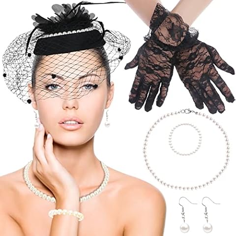5 Pieces Fascinators Hat Veil Mesh Headband Set Tea Party Fascinators Set for Women Includes Lace Gloves, Pearl Necklace, Bracelet, Earrings (Black) Cover