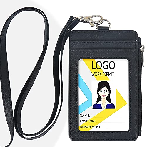 ID Badge Holder with Lanyard, PU Leather Badge Holder with Zipper Pocket , Lanyards for ID Badges for Women/Men for Work, ID Card Holder Lanyard Wallet with 5 Card Slots, I'd Badge Holder for Office