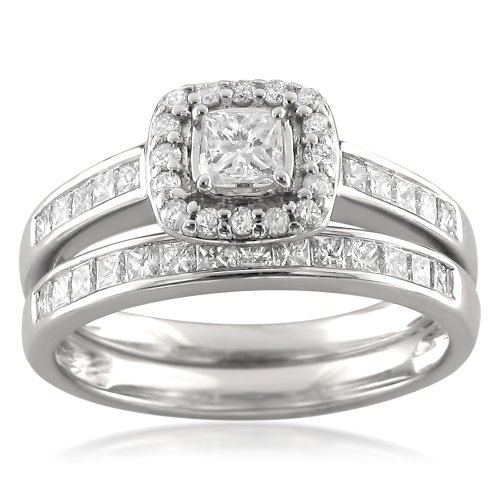 1.0 Carat Diamond, Prong-Set 14kt White Gold Princess-cut & Round Diamond Halo Engagement Bridal Set Wedding Ring (I-J, I1-I2) by La4ve Diamonds | Real Diamond Engagement Ring For Women | Gift Box Included